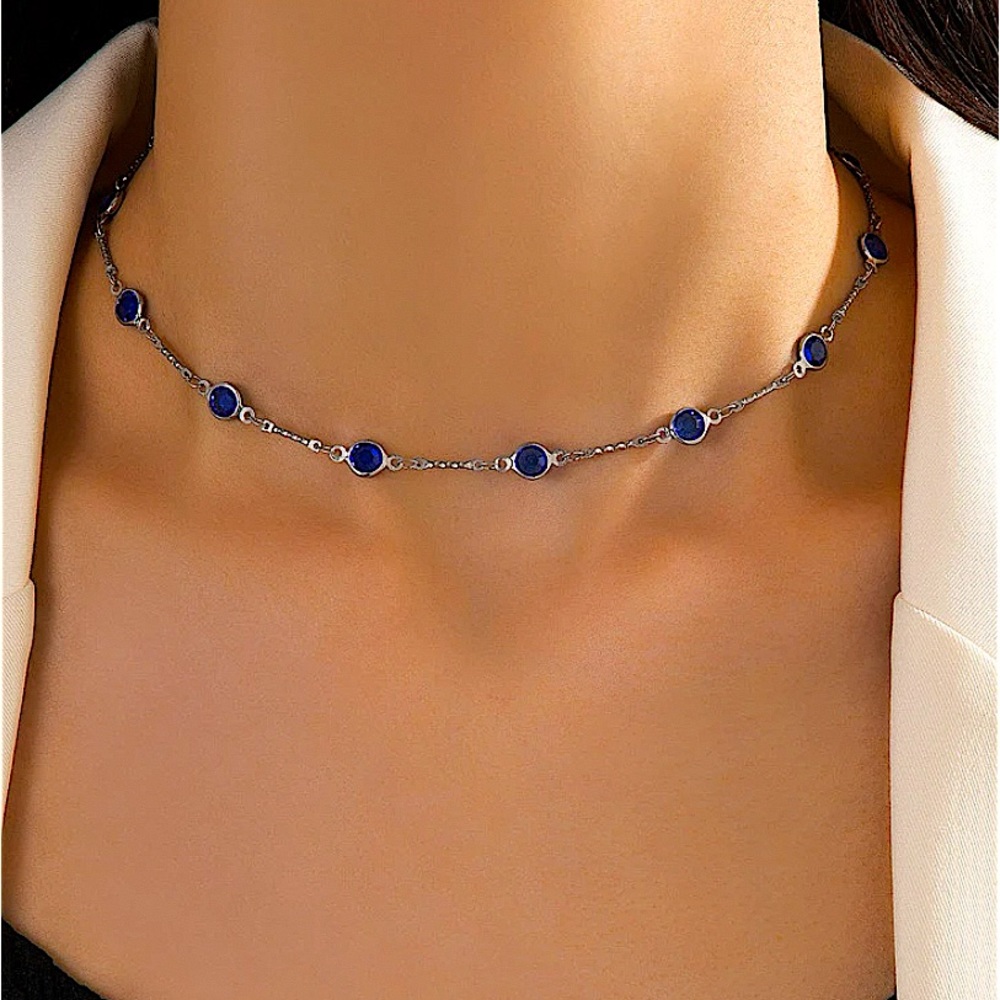 Blue Stone Silver Chain Choker Necklace